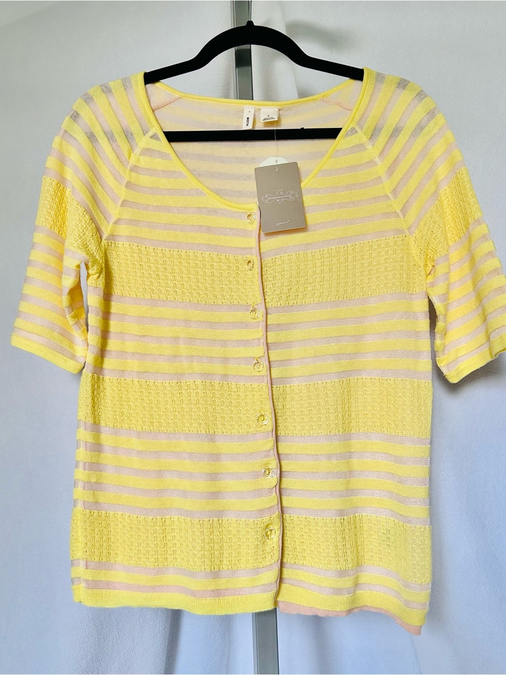 Moth Anthropologie Canary Striped Short-Sleeve Button-Down Top Cardigan Size M